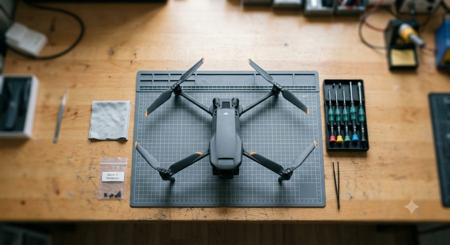 Drone DJI démonté sur un tapis de réparation antistatique, entouré de tournevis de précision et de pinces, prêt pour le diagnostic à l'atelier Dronefix.fr