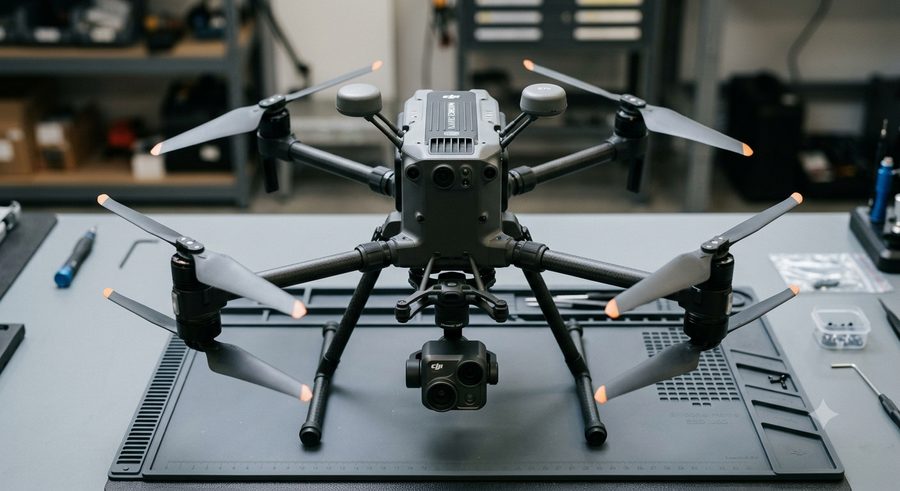 Drone professionnel à six hélices posé sur un tapis de réparation antistatique à l'atelier Dronefix.fr, prêt pour le diagnostic