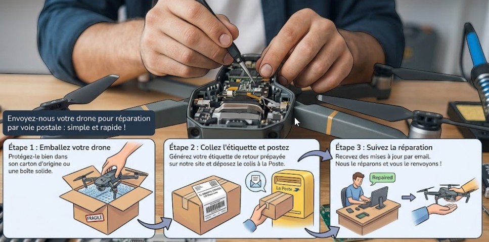Guide en 3 étapes pour envoyer votre drone par la poste. Étape 1, emballez votre drone : protégez-le bien dans son carton d'origine ou une boîte solide, avec calage. Étape 2, collez l'étiquette avec notre adresse et déposez le colis à La Poste. Étape 3, suivez la réparation : recevez des mises à jour par email, nous réparons votre drone et vous le renvoyons.