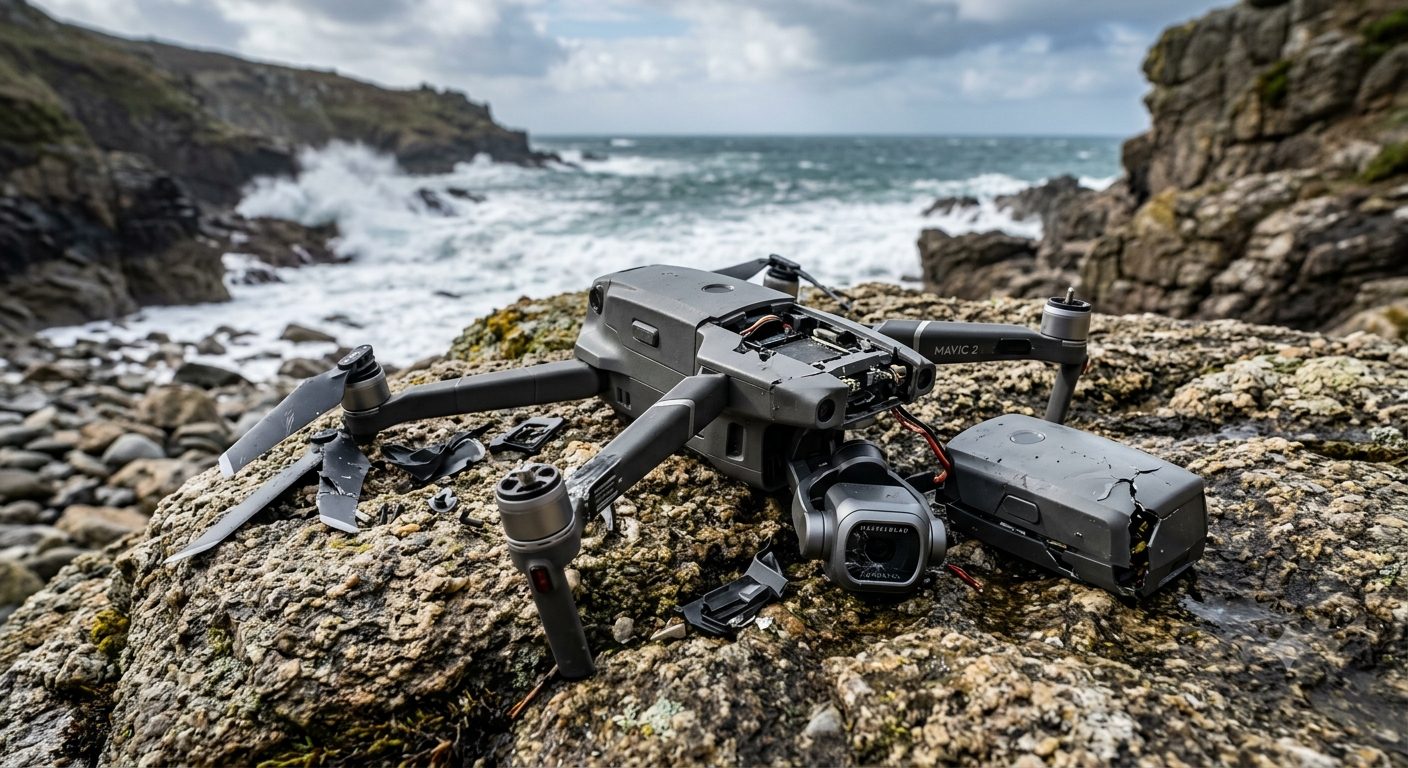Drone loisir DJI Mavic 2 endommagé après une chute en extérieur, hélices et batterie cassées – Dronefix.fr répare et récupère les drones accidentés partout en France par envoi postal